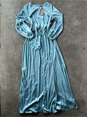 ENME Dusty Blue Satin Long Bridesmaid Dress